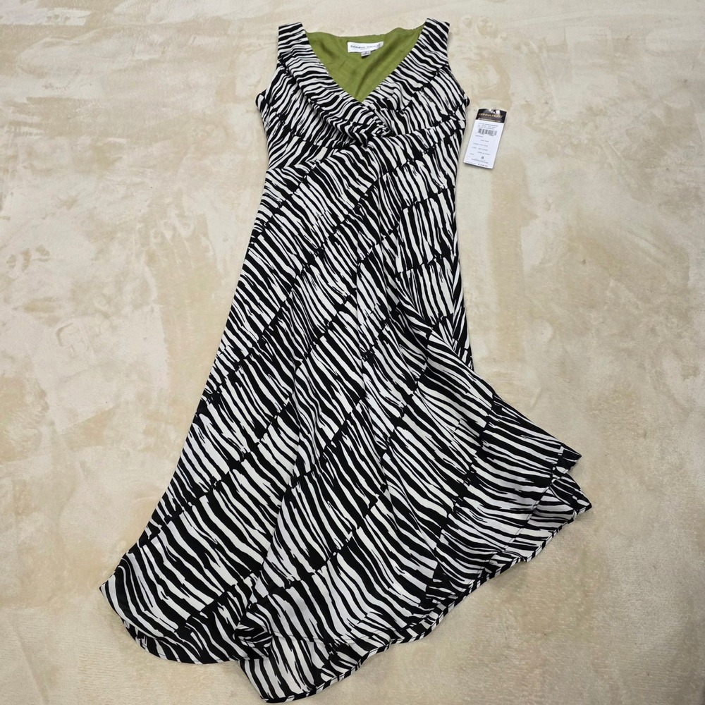 NWT Donna Ricco 100% Silk Dress Zebra Print Faux Wrap Midi Black White Size 8